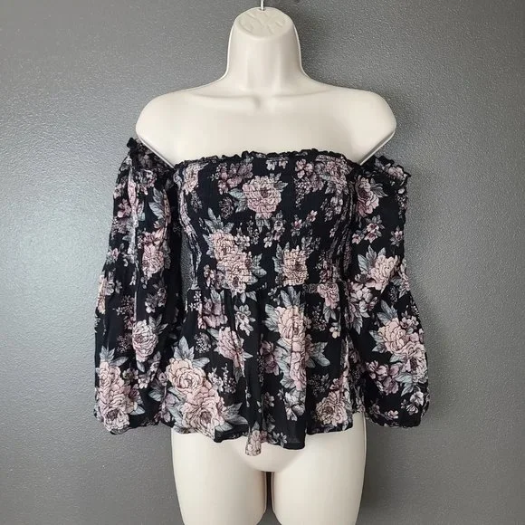 American Eagle Outfitters Black & Pink Floral Peasant Blouse - Picture 2 of 4